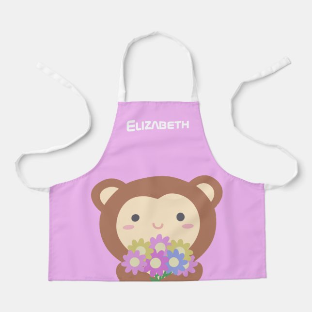 Niedlicher Kawaii Cartoon Affe und Blume Schürze (Vorderseite)