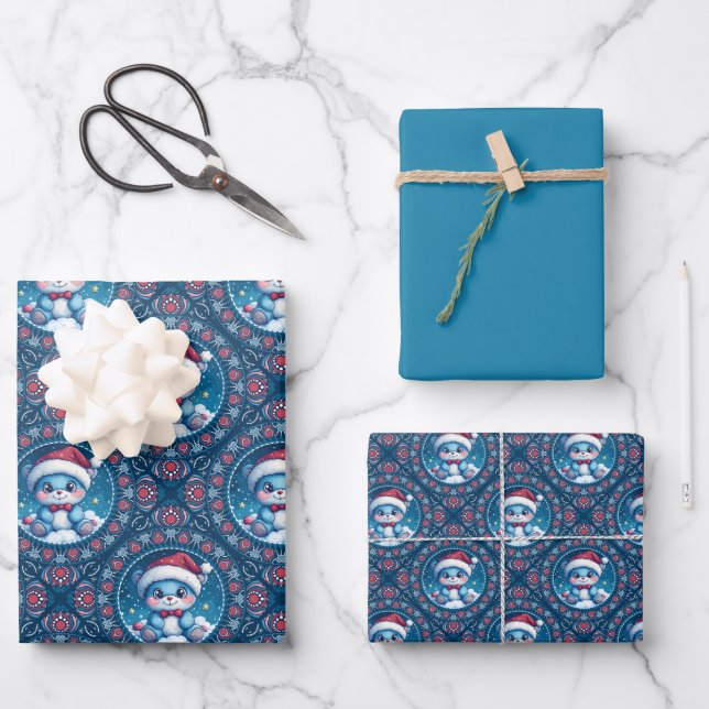 Niedlicher Kawaii-Festbär Mandala Geo Diamond Tile Geschenkpapier Set (Vorderseite)