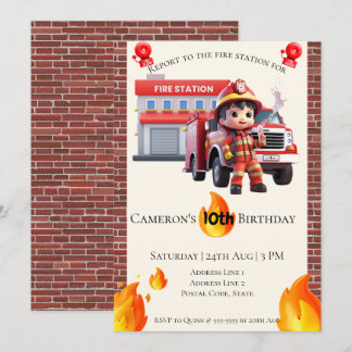 Niedlicher Kawaii Feuerwehrmann Junge Geburtstag Einladung