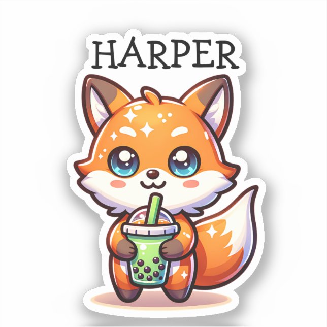 Niedlicher Kawaii Fox mit Bubble Tee Personalisier Aufkleber (Vorderseite)