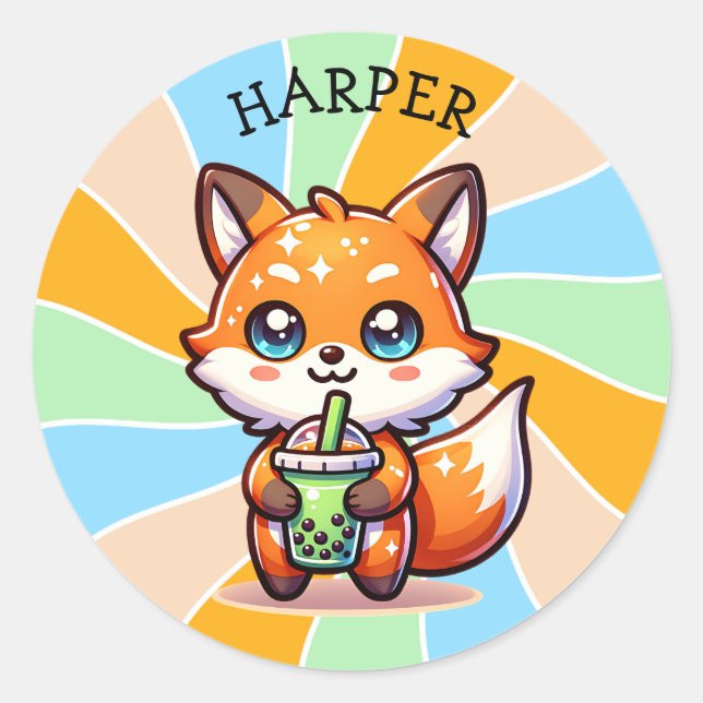 Niedlicher Kawaii Fox mit Bubble Tee Personalisier Runder Aufkleber (Vorderseite)