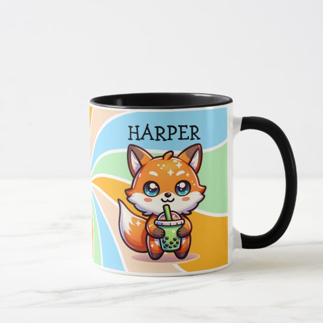 Niedlicher Kawaii Fox mit Bubble Tee Personalisier Tasse (Rechts)