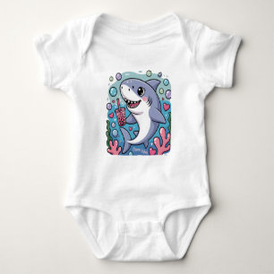 Niedlicher Kawaii Hai trinken Boba Tea Ocean Vibes Baby Strampler