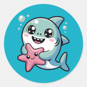 Niedlicher Kawaii-Hai und Starfish Runder Aufkleber