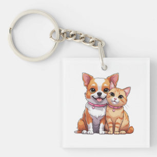 Niedlicher Kawaii-Hund und Katzen-Cartoon Schlüsselanhänger
