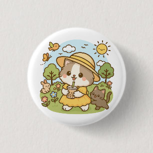 Niedlicher Kawaii Kat Gelbes Kleid Trinkblase Tee Button