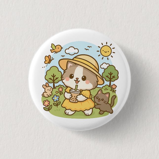 Niedlicher Kawaii Kat Gelbes Kleid Trinkblase Tee Button (Vorderseite)