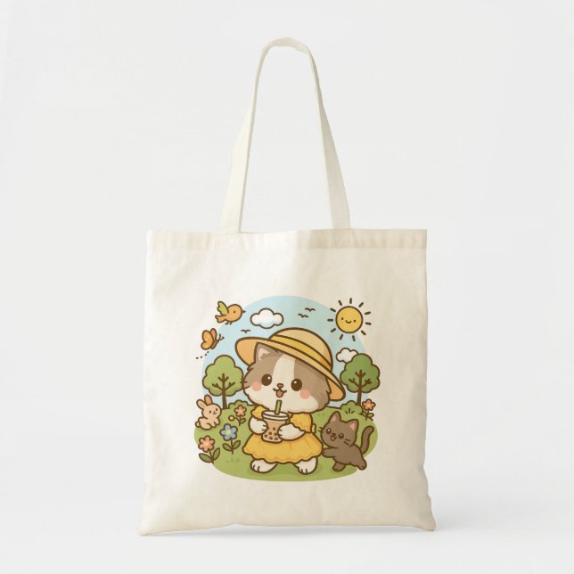 Niedlicher Kawaii Kat Gelbes Kleid Trinkblase Tee Tragetasche (Vorne)
