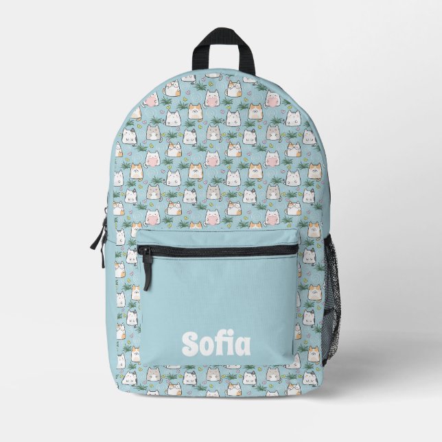 Niedlicher kawaii kitty muster azurblau name bedruckter rucksack (Vorderseite)