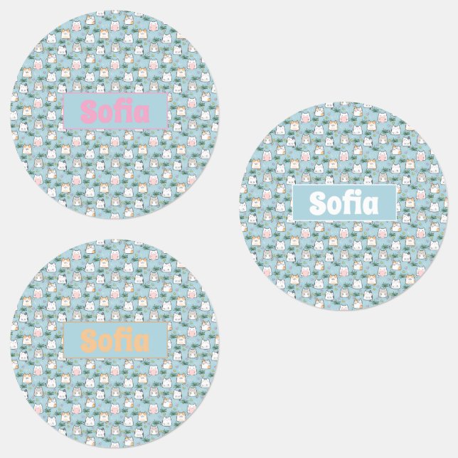 Niedlicher kawaii kitty muster azurblau name etiketten (Gruppe)