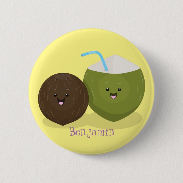 Niedlicher Kawaii Kokosnuss Cartoon Illustration Button (Vorderseite)