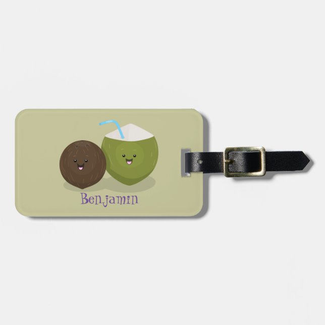 Niedlicher Kawaii Kokosnuss Cartoon Illustration Gepäckanhänger (Vorderseite horizontal)