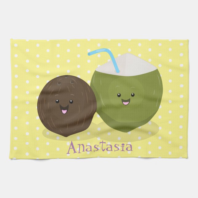 Niedlicher Kawaii Kokosnuss Cartoon Illustration Geschirrtuch (Horizontal)