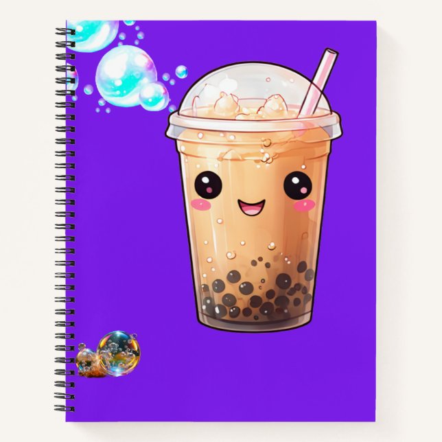 Niedlicher Kawaii lächelnd Boba Tee auf Lila Notizbuch (Vorderseite)