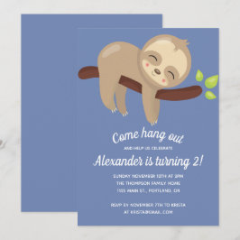 Niedlicher Kawaii Sloth auf Tree Illustration Blue Einladung