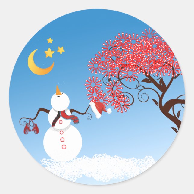 Niedlicher Kawaii Snowman mit CandyCane Tree Runder Aufkleber (Vorderseite)
