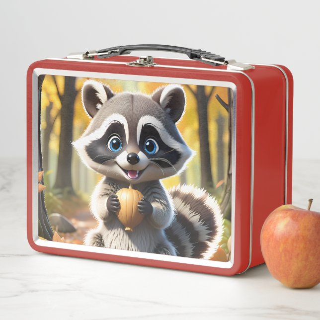 Niedlicher Kawaii-Stil Racoon mit Eichel Metall Brotdose (Beispiel)