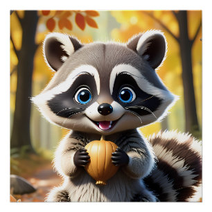 Niedlicher Kawaii-Stil Racoon mit Eichel Poster
