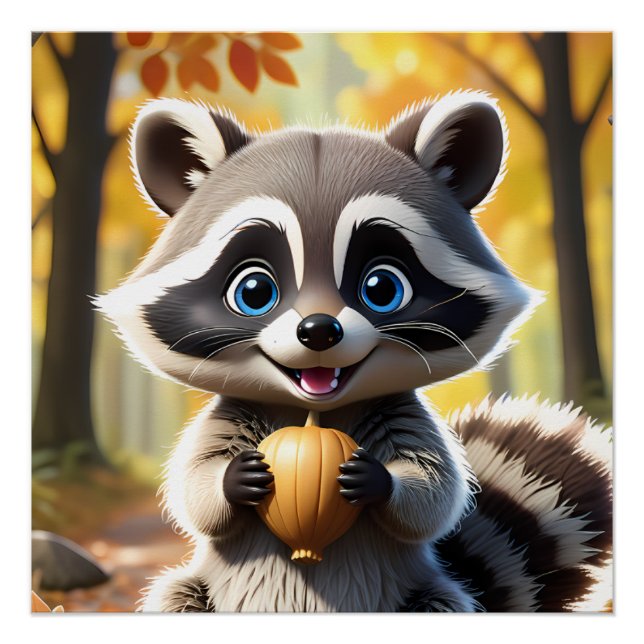 Niedlicher Kawaii-Stil Racoon mit Eichel Poster (Vorderseite)