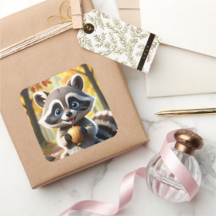 Niedlicher Kawaii-Stil Racoon mit Eichel Quadratischer Aufkleber
