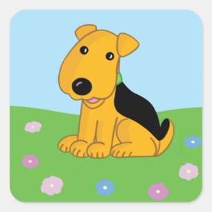 Niedlicher Kawaii Welpen-Hund im Feld-Aufkleber Quadratischer Aufkleber
