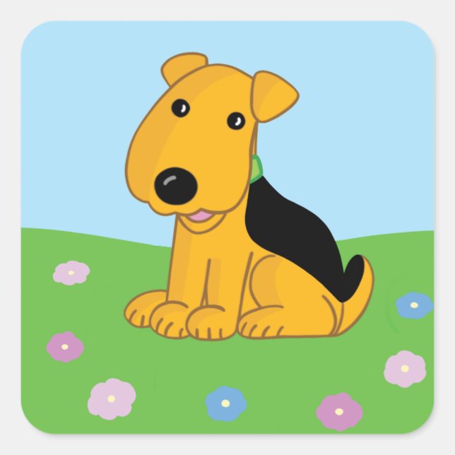 Niedlicher Kawaii Welpenhund auf Feldaufkleber Quadratischer Aufkleber (Vorderseite)