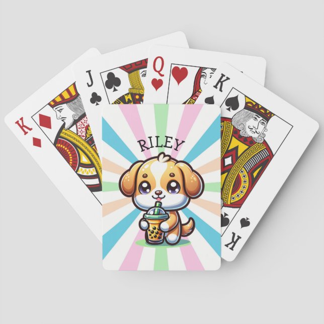 Niedlicher Kawaii Welpenhund mit Blasen-Tee Person Spielkarten (Rückseite)