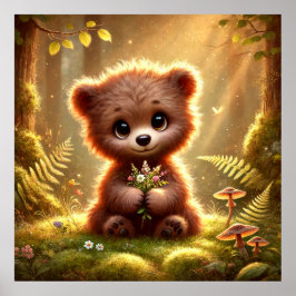 Niedlicher Kinderbär mit Blume im verzauberten Wal Poster