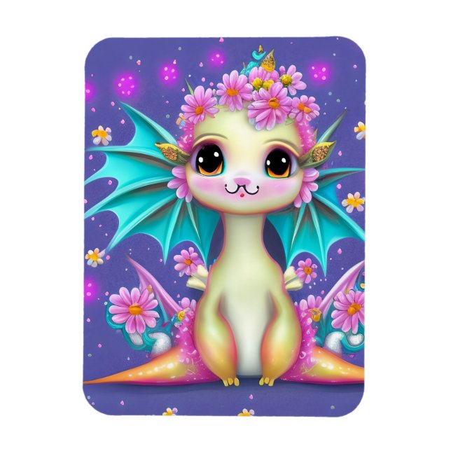 Niedlicher Kinderdrache mit rosa Blume Magnet (Vertikal)