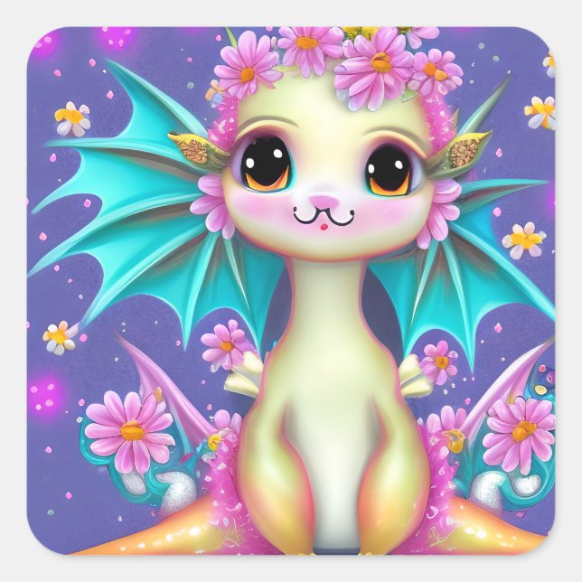 Niedlicher Kinderdrache mit rosa Blume Quadratischer Aufkleber (Vorderseite)