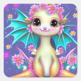 Niedlicher Kinderdrache mit rosa Blume Quadratischer Aufkleber