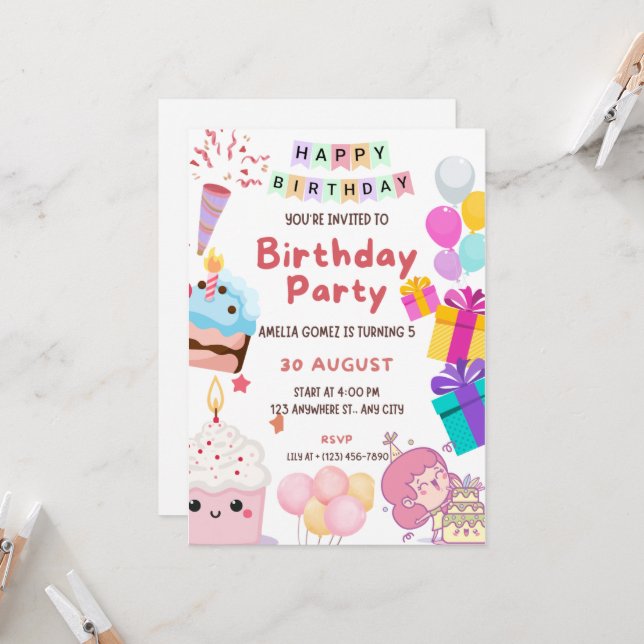 Niedlicher Kindergeburtstag Party Einladung - Farb (Vorderseite/Rückseite Beispiel)