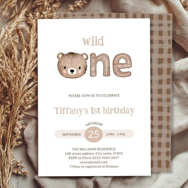 Niedlicher kleiner Bär, 1. Geburtstag Einladung (Wild One minimalistic 1st Birthday Invitation | Neutral Baby Bear Party Invite)