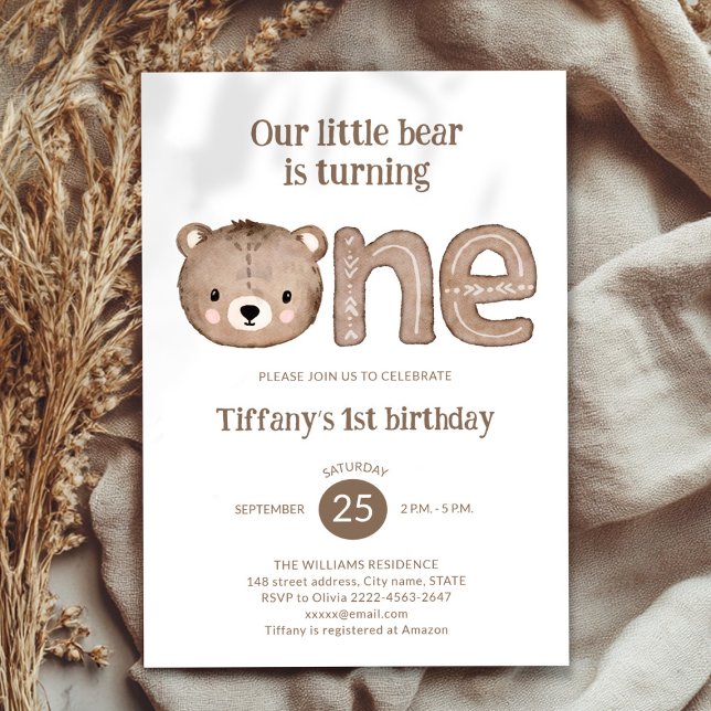 Niedlicher kleiner Bär 1. Geburtstag Einladung - n (Wild One minimalistic 1st Birthday Invitation | Neutral Baby Bear Party Invite)