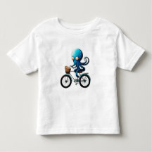 Niedlicher kleiner blauer Oktopus auf einem Fahrra