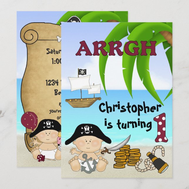 Niedlicher kleiner Buccaneer ~ Piratenjunge zum 1. Einladung (Vorne/Hinten)