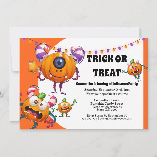 Niedlicher kleiner Cartoon Monster Kinder Hallowee Einladung (Vorderseite)
