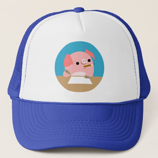 Niedlicher kleiner Cartoon Pig "Writer's Block" Hu Truckerkappe (Vorderseite)
