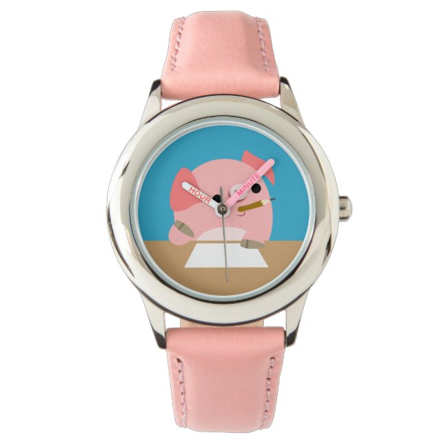 Niedlicher Kleiner Cartoon Schwein "Schriftsteller Armbanduhr (Vorderseite)