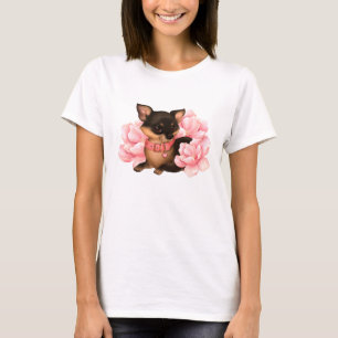 Niedlicher kleiner Chihuahua-Hund mit rosa Blume T-Shirt