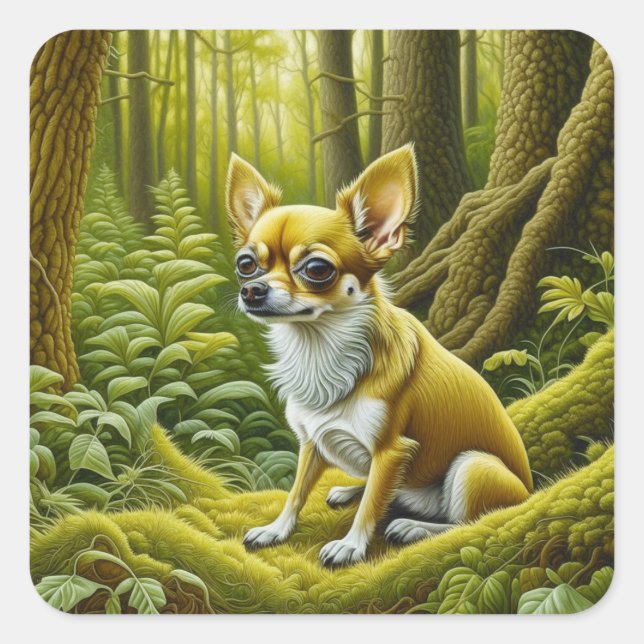 Niedlicher kleiner Chihuahua im Wald Quadratischer Aufkleber (Vorderseite)