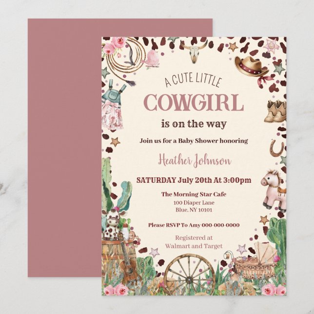 Niedlicher kleiner Cowgirl Western Watercolor Baby Einladung (Vorne/Hinten)