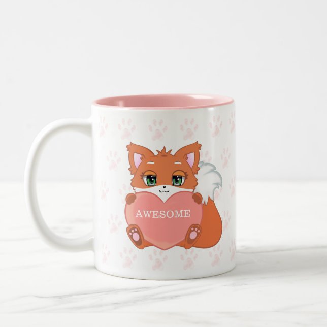 Niedlicher Kleiner Fuchs mit Herz- und Paw-Muster Zweifarbige Tasse (Links)