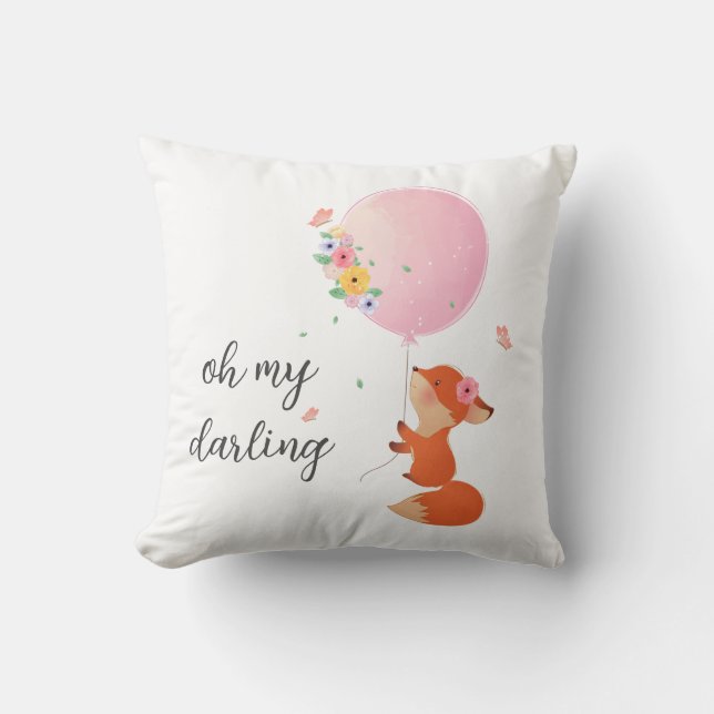 niedlicher kleiner Fuchs mit rosa Blumenballon Kissen (Vorderseite)