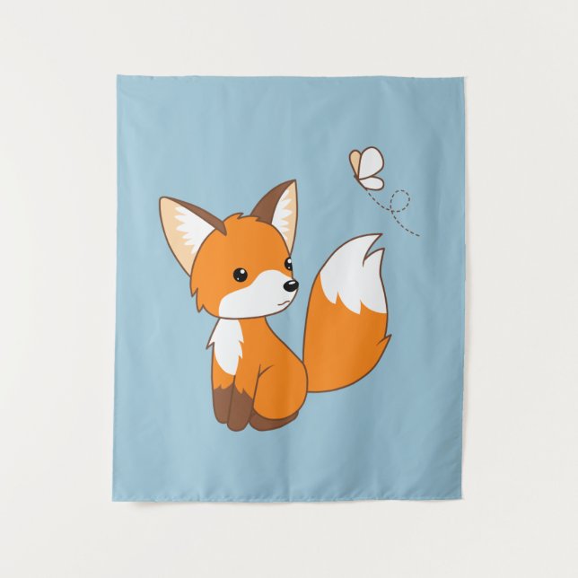 Niedlicher kleiner Fuchs sieht Schmetterling zu Wandteppich (Vorderseite)