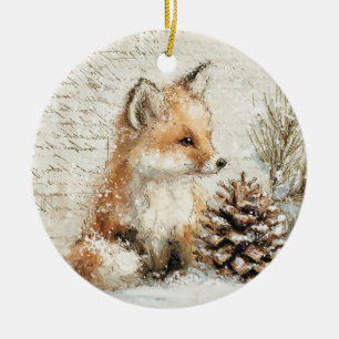 Niedlicher kleiner Fuchs und Kiefernzapfen. Rustik Keramik Ornament