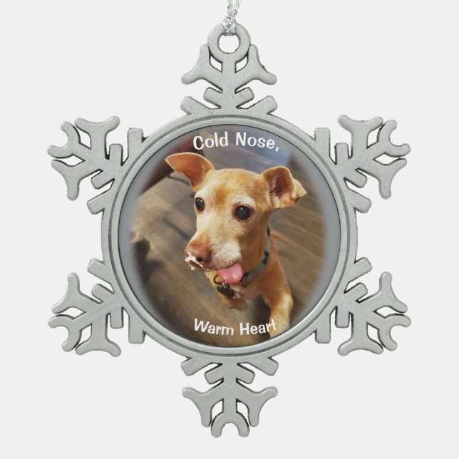 Niedlicher kleiner Hund Schneeflocke Gerahmte Orna Schneeflocken Zinn-Ornament (Vorderseite)