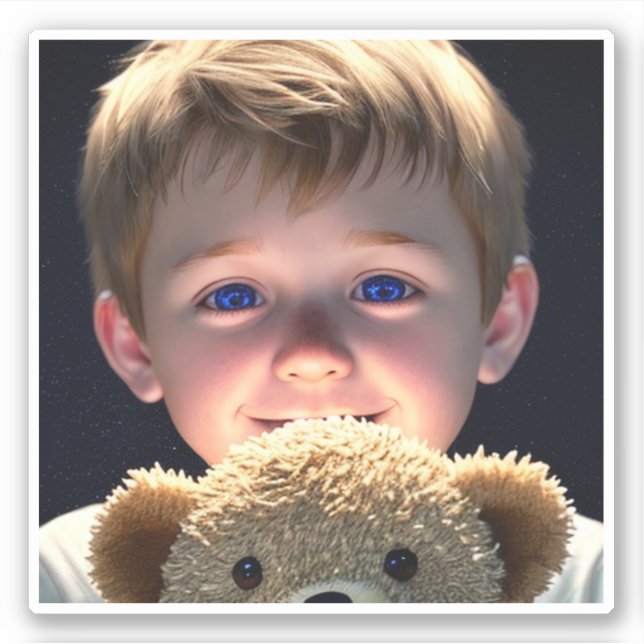 Niedlicher kleiner Junge mit Teddybär Aufkleber (Vorderseite)