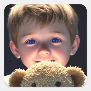 Niedlicher kleiner Junge mit Teddybär Quadratischer Aufkleber