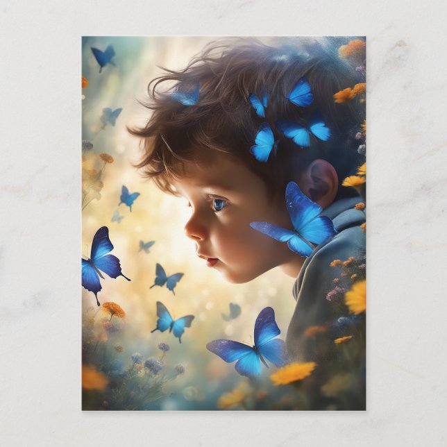 Niedlicher kleiner Junge und blauer Schmetterling Postkarte (Vorderseite)